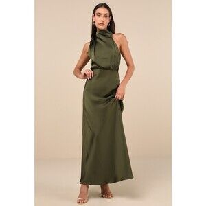 Lulus Distinctive Charm Olive Green Satin Asymmetrical Maxi Dress - Size 1X